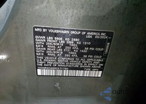 2024 Volkswagen Atlas Peak Edition Sel z USA, uszkodzony, nr VIN 1V2GR2CA5RC571790